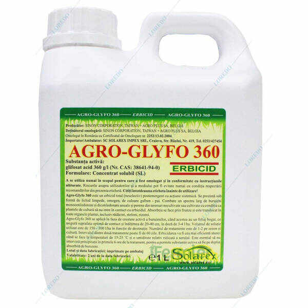 Agro Glyfo 360 1L, erbicid total sistemic, post emergent, neselectiv, glifosat (buruieni monocotiledonate si dicotiledonate, anuale si perene)