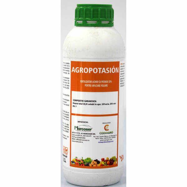 Agropotasion 1L ingrasamant foliar lichid Codiagro pentru deficiente de Potasiu, utilizat pentru marirea rapida a fructelor, timpurietate ridicata